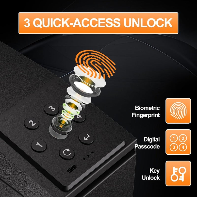 PINEWORLD Gun Safe For Handgun, Biometric Slider Bedside Handgun Safe, Pistol Lock Case for Nightstand,Sliding Door Hand Gun Safe for Pistol -with 3 Quick Access Fingerprint, PIN Code, KEY - Image 2